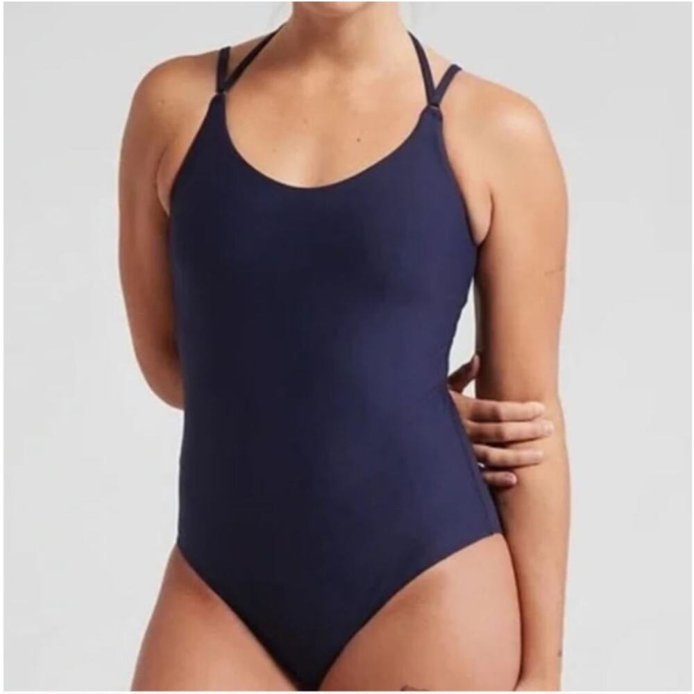 Athleta Women's New XL Navy Blue One Piece Keyhole Swimsuit Adjustable Ruched